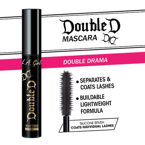 LA Girl Mascara Double D showcasing its silicone brush and lightweight formula for dramatic, voluminous lashes.