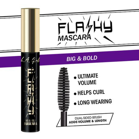 LA Girl Mascara Flashy with dual-sided brush for volume and length, enriched with vitamin E and jojoba oil for healthy lashes.