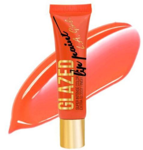 Vibrant LA Girl Glazed Lip Paint in Hot Mess, offering intense color and glossy finish, enriched with vitamin E and peppermint oil.