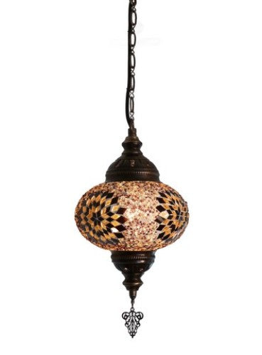 Handmade Turkish mosaic lamp in medium amber, featuring intricate glass design and customizable length for stylish illumination.