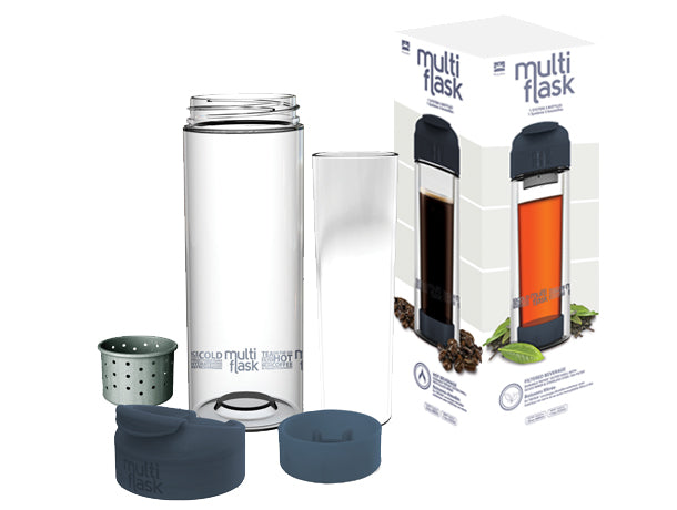 Multi Flask 3 Ways: versatile hydration solution with glass liner, Tritan shell, and tea strainer for hot and cold drinks.