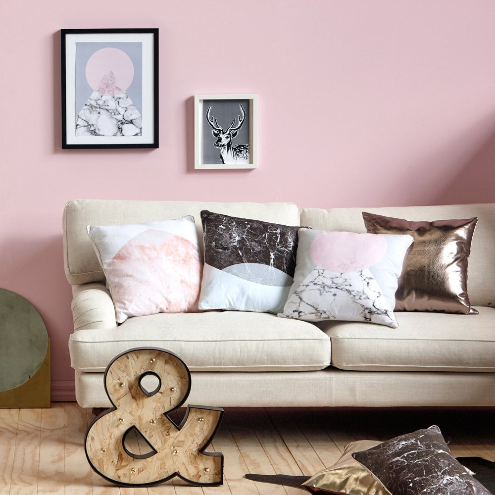 White marble printed cushion with pink moon design and gold piping, perfect for modern home decor, 50cm size.