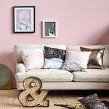 White marble printed cushion with pink moon design and gold piping, perfect for modern home decor, 50cm size.