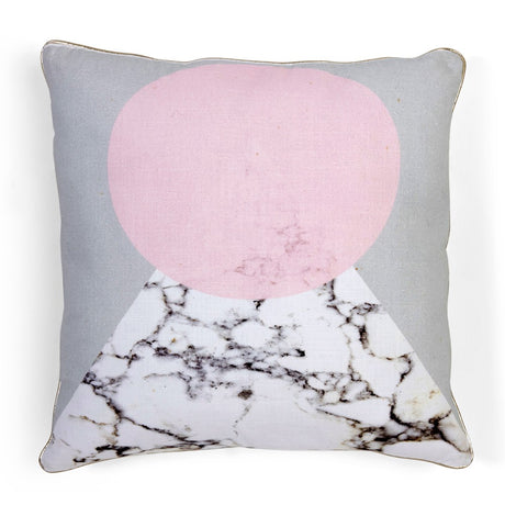 White marble printed cushion with pink moon design and gold leatherette piping, perfect for modern home decor, 50cm.