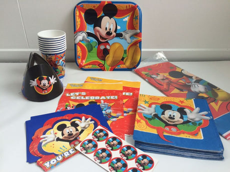 Eight vibrant Disney Mickey Mouse cups perfect for birthday parties and gatherings, featuring the iconic Mickey design.