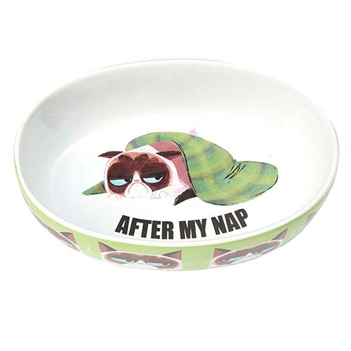 Grumpy Cat AFTER MY NAP oval pet bowl with playful artwork, solid green finish, 2-cup capacity, ceramic, dishwasher safe.