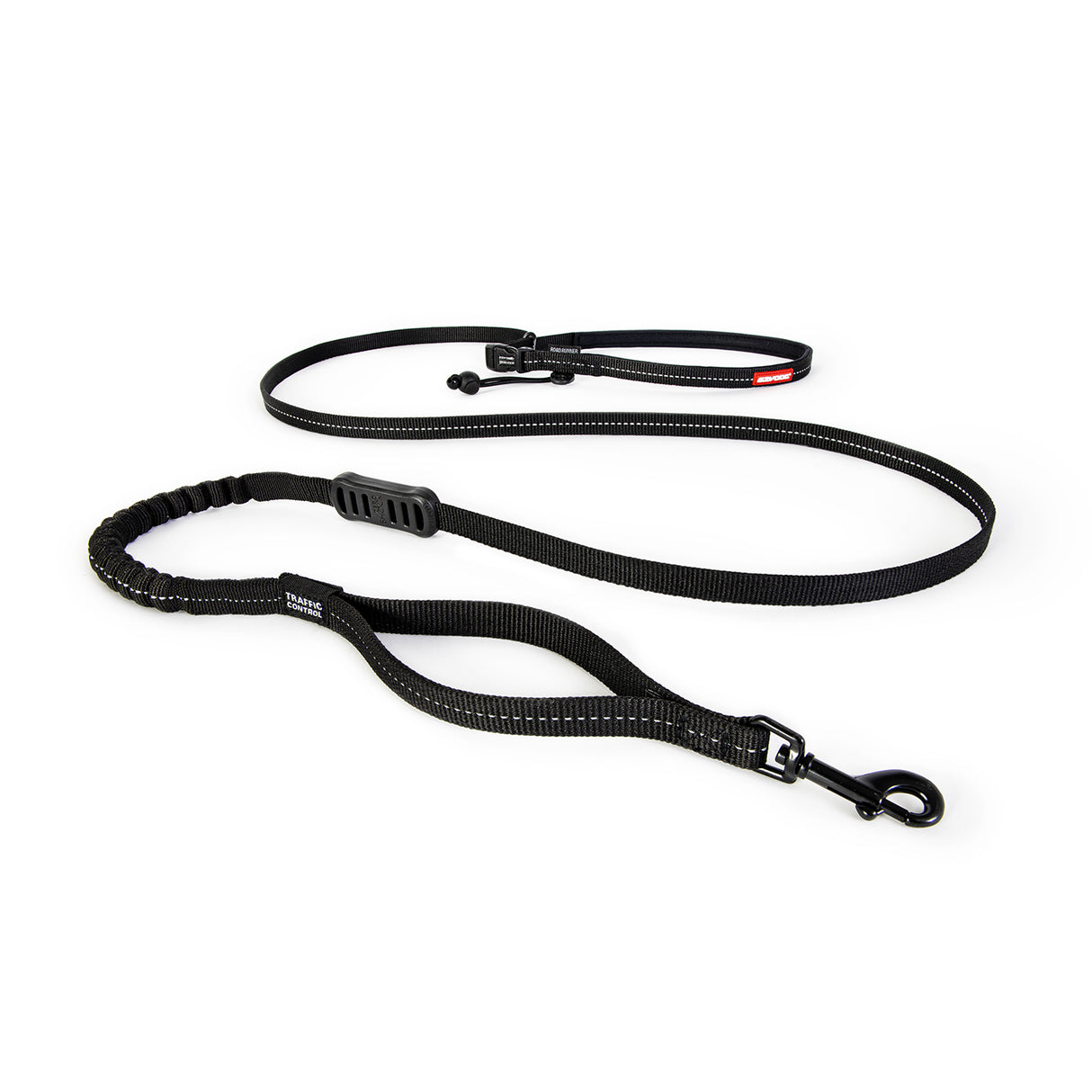 Sleek black dog leash with adjustable length, Zero Shock Technology, and neoprene handle for comfort and versatility.