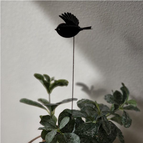 Mini Black Robin plant stake with laser-cut acrylic and vibrant wings, enhancing gardens and floral displays at 40cm tall.