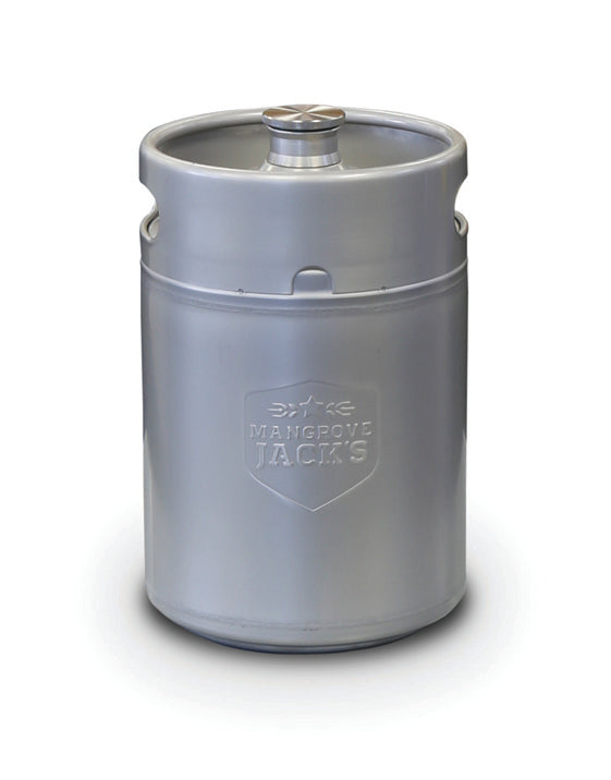 Stainless steel 5L mini keg with ergonomic handles for easy transport and pressure carbonation, ideal for homebrewers.