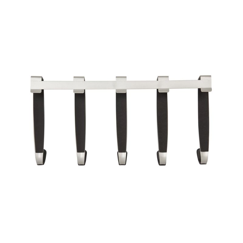 Schnook Otd 5 Hook in black and nickel, stylish over-the-door organizer with rubber tips protecting doors and clothing.
