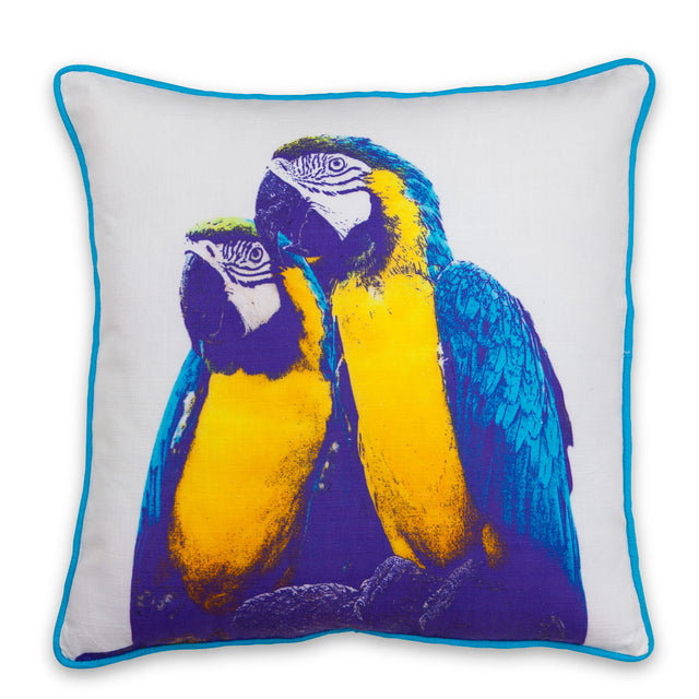 Vibrant blue parrot printed cushion with blue piping, 50 x 50cm, durable linen, zip cover for easy cleaning.