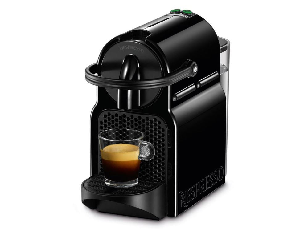 Nespresso Inisia Black coffee machine, compact with 19-bar pressure, heats in 25 seconds, perfect for espresso lovers.