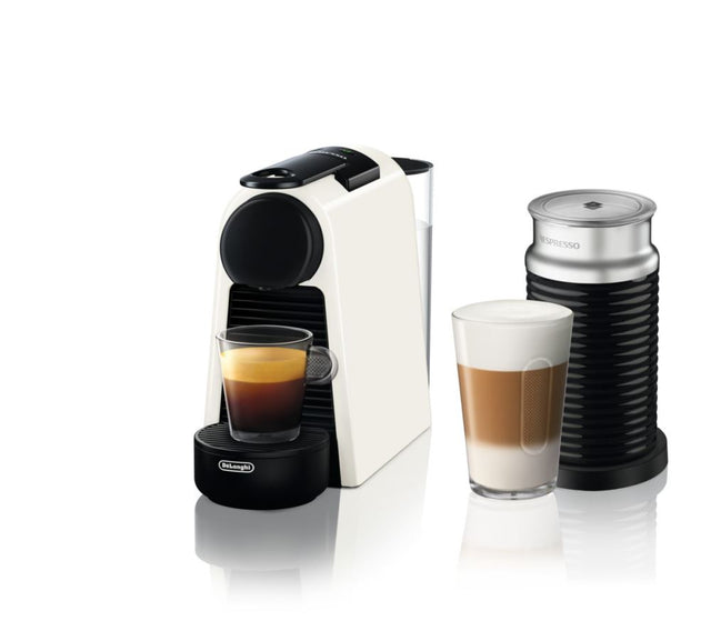 Delonghi Essenza Mini Espresso Machine in Pure White, compact design, 19 BAR pressure, brews espresso & lungo with ease.