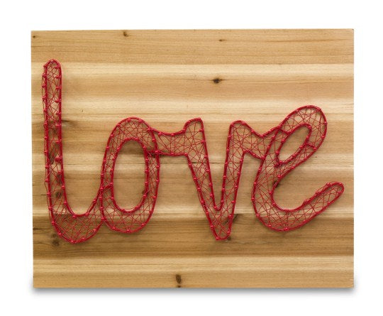 Metal red love wall art with wooden backing, featuring a vibrant design for modern decor, measuring 48x5x39cm.