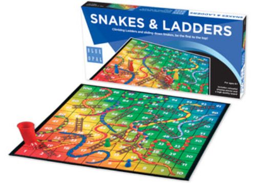 Colorful Snakes and Ladders Game board with vibrant pieces for 2-4 players, perfect for family fun and strategic play.