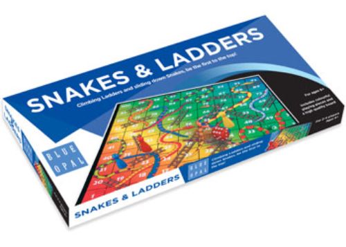 Colorful Blue Opal Snakes and Ladders Game board with vibrant pieces, designed for fun with 2 to 4 players.