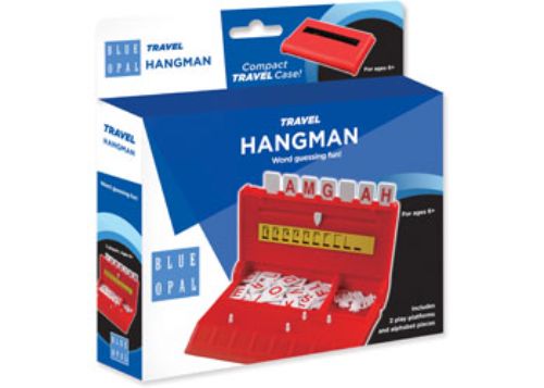 Compact travel hangman game for two players, featuring durable platforms and alphabet pieces for on-the-go fun.