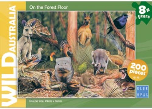 Blue Opal 200pc puzzle showcasing detailed Australian forest creatures and flora, perfect for ages 8 and up.