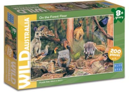 Colorful 200-piece puzzle featuring Australian forest floor wildlife and flora, perfect for ages 8 and up.