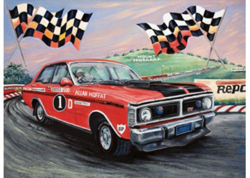 Blue Opal - Moffats GT-HO 1000pc puzzle featuring vibrant motorsport art of iconic Holden vs Ford races at Bathurst.