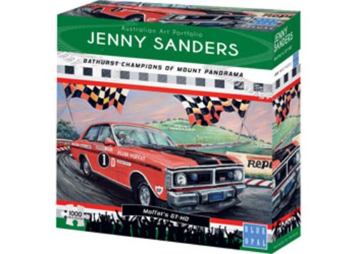 Blue Opal - Moffats GT-HO 1000pc puzzle featuring iconic Australian racing art by Jenny Sanders, celebrating the Holden vs Ford rivalry.