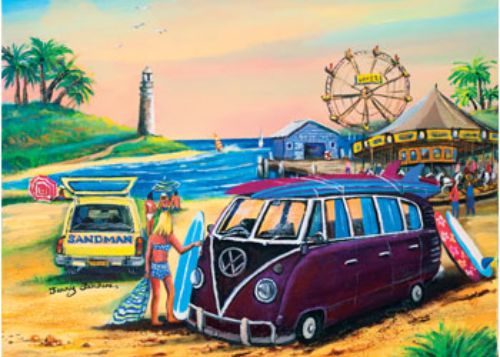 Vibrant 1000-piece puzzle featuring a purple VW Kombi at a lively fair, celebrating nostalgia and adventure.