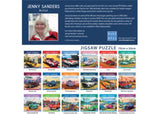 Vibrant 1000-piece puzzle featuring a purple VW Kombi at a fair, by Jenny Sanders, capturing nostalgic 60s adventure.