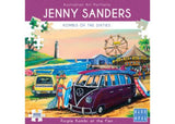 Vibrant 1000-piece puzzle featuring a purple VW Kombi at a fair, designed by Jenny Sanders, perfect for nostalgic family fun.