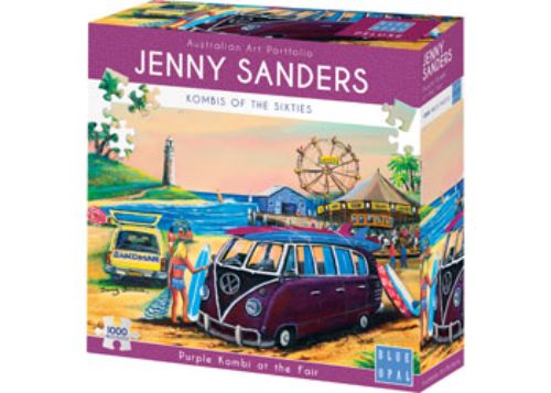 Vibrant 1000-piece puzzle featuring a nostalgic purple VW Kombi at a lively fair, by artist Jenny Sanders.