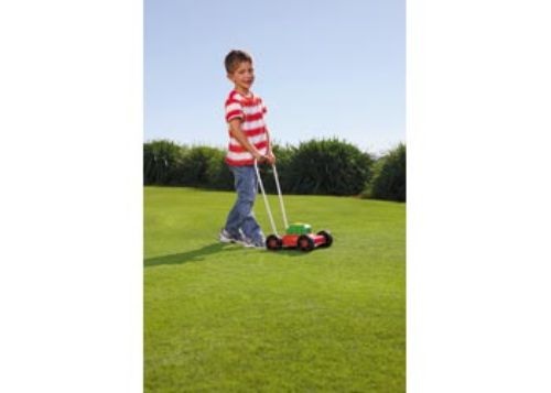 Durable metal child mower toy with realistic sounds, designed for imaginative outdoor play. Ideal for kids aged 3 and up.