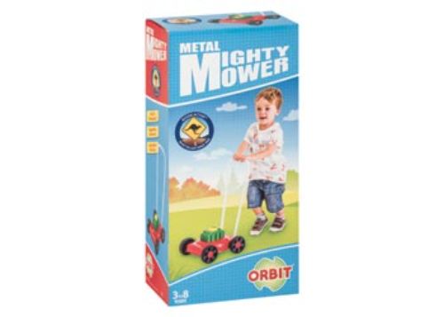 Durable powder-coated metal mower for kids, featuring realistic engine sounds and easy-to-push clicker, ideal for imaginative play.