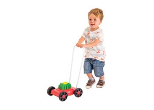 Durable powder-coated metal toy mower with realistic sounds, sturdy handle, and smooth-rolling wheels for imaginative outdoor play.