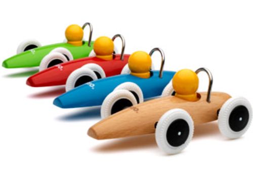 Colorful BRIO toddler race cars made of natural wood, designed for imaginative play and motor skill development for small hands.