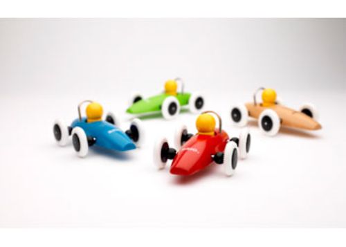 Brightly colored wooden race cars for toddlers, designed for imaginative play and motor skill development.