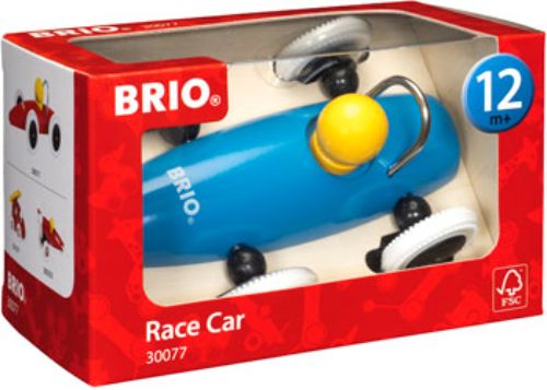 Colorful BRIO toddler race car assortment, featuring four wooden cars designed for imaginative play and motor skill development.