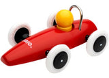 BRIO Toddler Race Car Assortment in four bright colors, made from safe wood, designed for imaginative play and motor skill development.