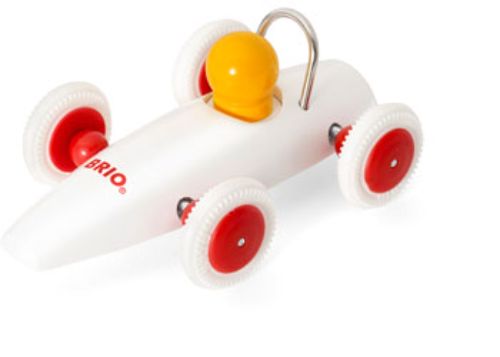 Colorful BRIO toddler race car assortment of four wooden push-along toys for imaginative play and motor skill development.