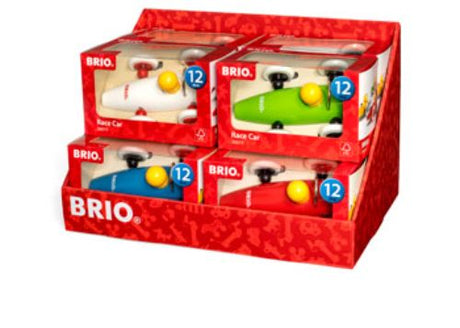 Colorful BRIO wooden race cars for toddlers, designed for imaginative play and motor skill development. Safe and easy to grasp.