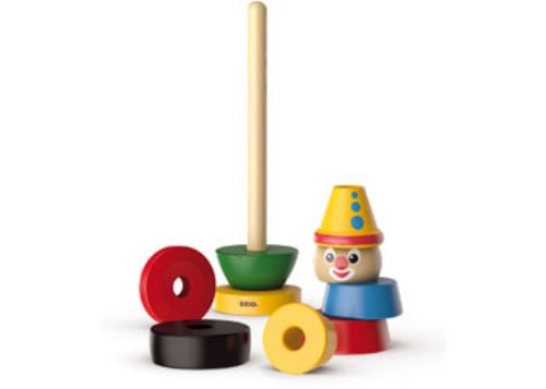 Colorful BRIO Infant Stacking Clown toy with 9 easy-to-grip pieces designed for toddlers' imaginative play and skill development.