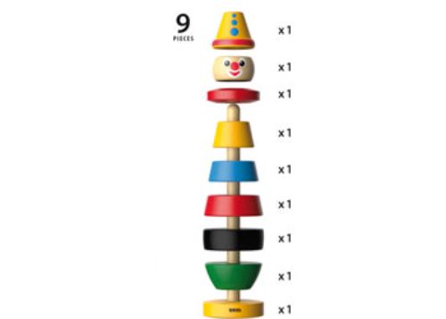 Colorful BRIO Infant stacking clown set with 9 pieces, designed for toddlers to enhance motor skills and creativity.