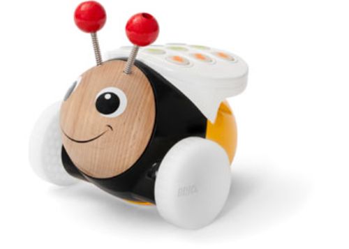 Bright and cheerful BRIO Bumblebee STEM toy, designed for toddlers to learn coding through play with lights and sounds.