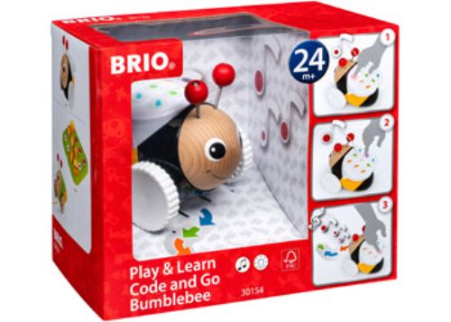 Colorful wooden Bumblebee toy teaching toddlers coding through play, with lights and sounds for engaging STEM learning.