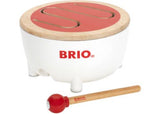 BRIO Toddler Musical Drum for kids, featuring a vibrant design, hidden stick storage, and promotes rhythm and creativity.