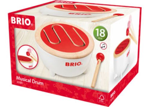 Brightly colored BRIO toddler musical drum with hidden storage for drumstick, perfect for encouraging rhythm and motor skills in young children.