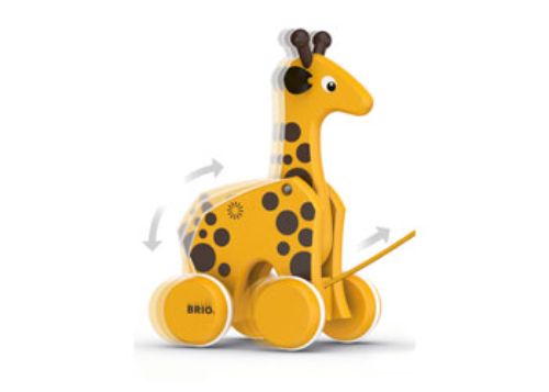 Colorful pull-along giraffe toy with moving neck and head, designed for toddlers to enhance motor skills and imaginative play.