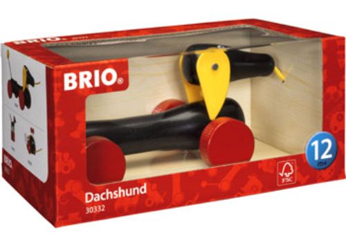 Pull-along BRIO Toddler Dachshund with moving head, ears, and wagging tail, perfect for imaginative play and motor skill development.