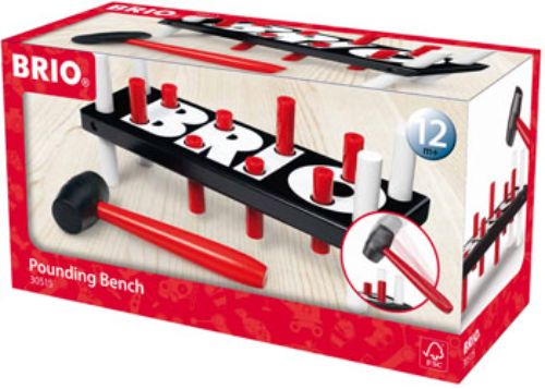 Colorful BRIO Toddler Pounding Bench with rubber hammer, designed for enhancing concentration and motor skills in young children.