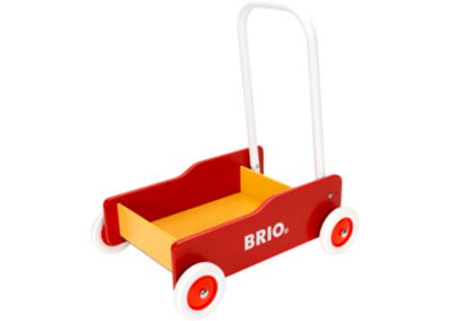 Vibrant red and yellow BRIO Toddler Wobbler with adjustable handle, promoting balance and mobility for young explorers.