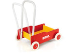 Bright red and yellow BRIO Toddler Wobbler, designed to support young children’s walking skills and balance development.