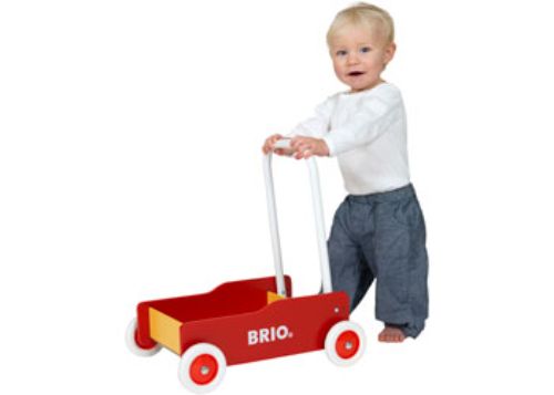 BRIO Toddler Wobbler in red and yellow, designed for safe play and learning, with adjustable handle and sturdy construction.